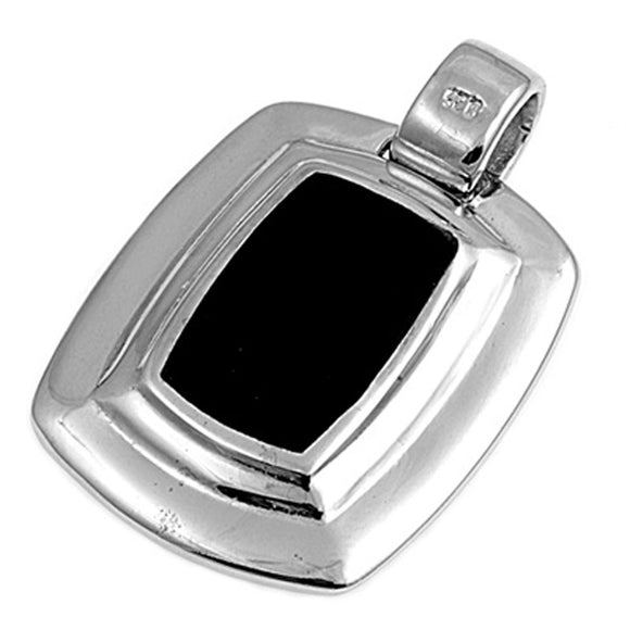 Sterling Silver Simple Rounded Rectangle Pendant Black Simulated Onyx Charm