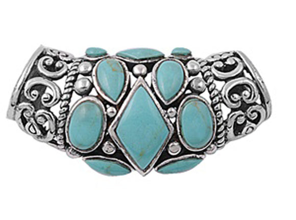 Bali Filigree Slide Pendant Simulated Turquoise .925 Sterling Silver Rope Charm