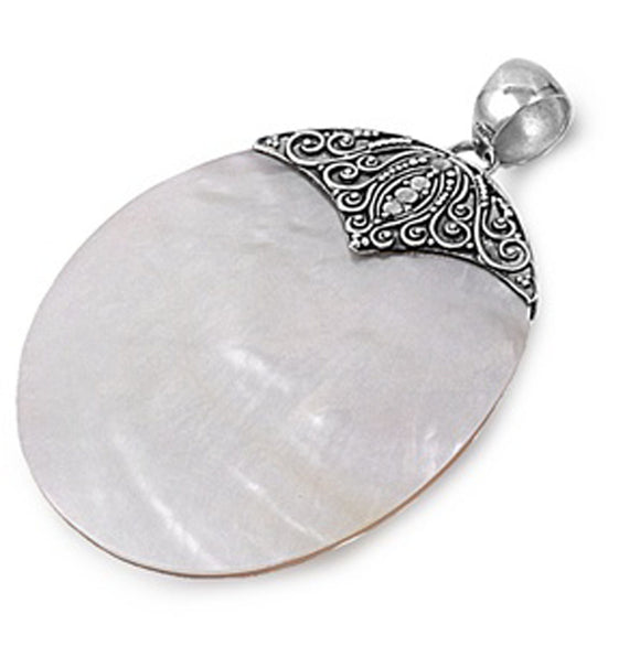 Sterling Silver Swirl Filigree Oval Pendant Simulated Mother of Pearl Charm