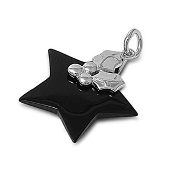 Holly Leaf Star Pendant Black Simulated Onyx .925 Sterling Silver Holiday Charm