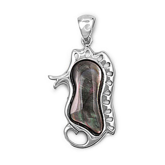 Sterling Silver Modern Abstract Lucky Seahorse Simulated Abalone Pendant Charm
