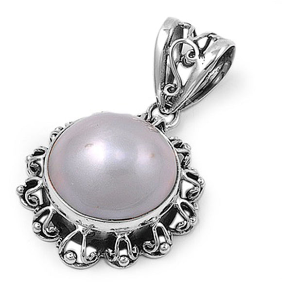 Filigree Swirl Cutout Circle Pendant Simulated Pearl .925 Sterling Silver Charm