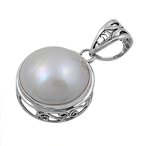 Polished Swirl Circle Pendant Simulated Pearl .925 Sterling Silver Cutout Charm