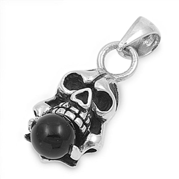 Oxidized Skull Ball Pendant Black Simulated Onyx .925 Sterling Silver Charm