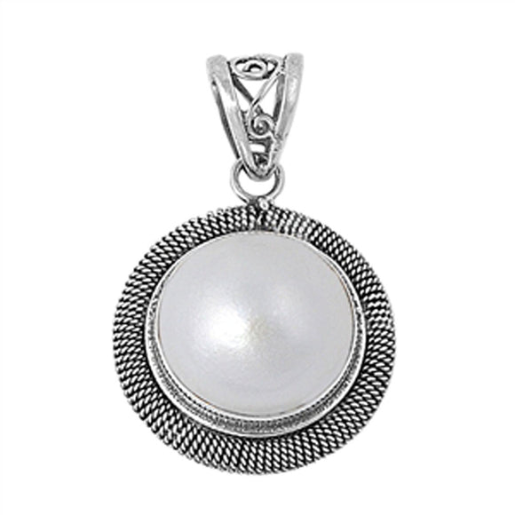 Bali Style Rope Halo Circle Pendant Simulated Pearl .925 Sterling Silver Charm