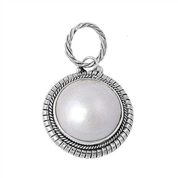 Elegant Bali Twist Circle Pendant Simulated Pearl .925 Sterling Silver Charm