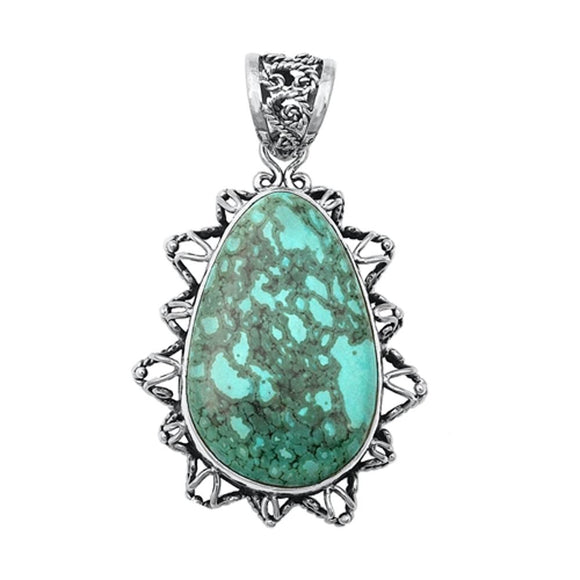 Sterling Silver Polished Ornate Turquoise Pendant Abstract Fashion Charm 925 New
