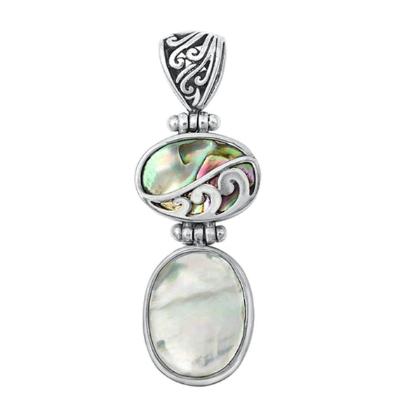 Sterling Silver Classic Abalone Mother of Pearl Oval Filigree Pendant Charm 925