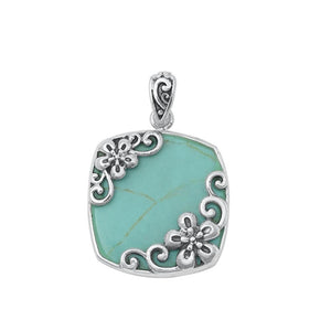 Sterling Silver Classic Turquoise Flower Pendant Vintage Oxidized Charm 925 New