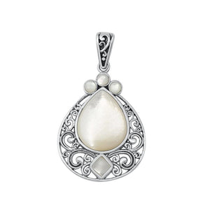 Sterling Silver Unique Mother of Pearl Ornate Filigree Pendant Vintage Charm 925
