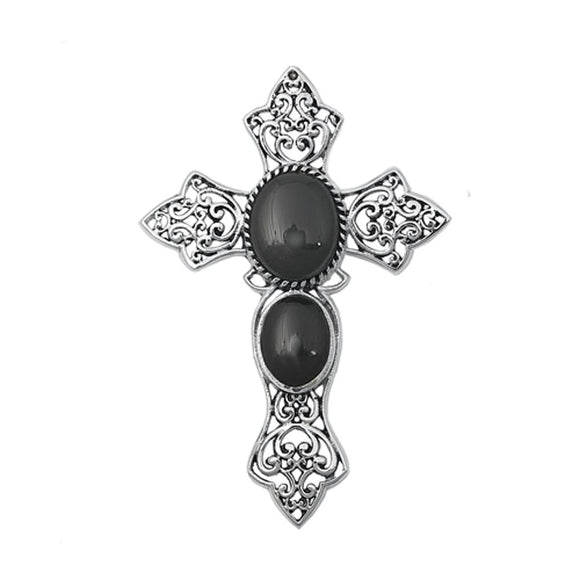 Sterling Silver Unique Black Agate Vintage Filigree Cross Pendant Charm 925 New