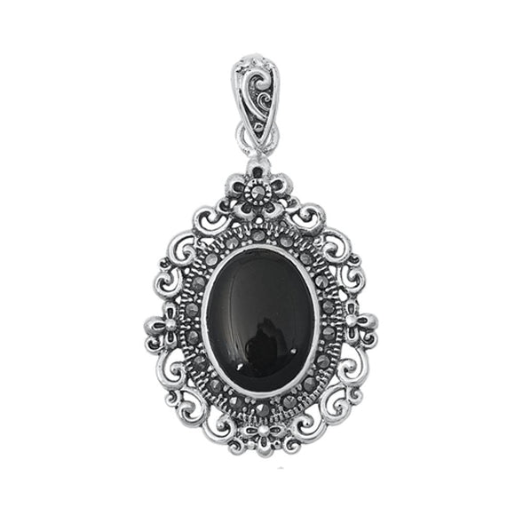 Sterling Silver Polished Black Agate Vintage Pendant Oxidized Marcasite Charm