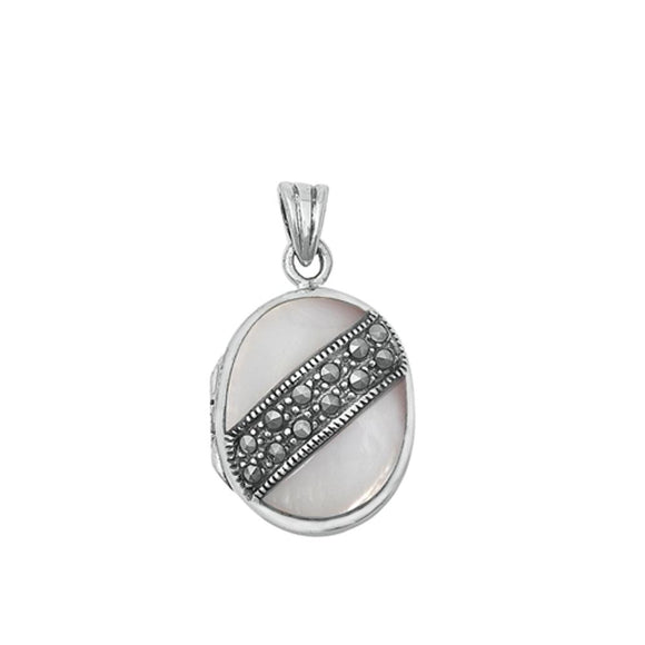 Sterling Silver Beautiful Mother of Pearl Pendant Oxidized Marcasite Charm 925