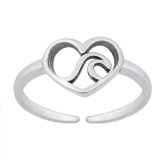 Sterling Silver Beautiful Heart & Wave Toe Ring Adjustable Beach Midi Band .925