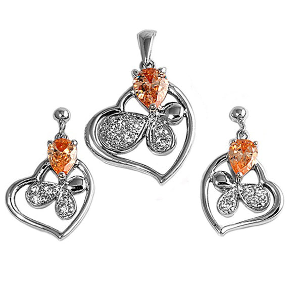 Heart Teardrop Earrings Clear Simulated CZ Champagne Simulated CZ .925 Sterling Silver Pendant Set
