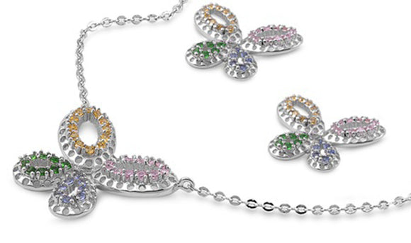 Butterfly Colorful Earrings Multicolor Simulated CZ .925 Sterling Silver Pendant Set