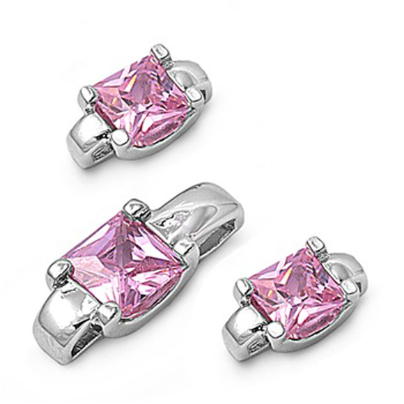 Solitaire Square Princess Cut Earrings Pink Simulated CZ .925 Sterling Silver Pendant Set