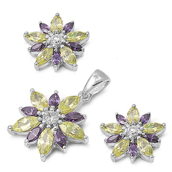 Flower Earrings Simulated Peridot Simulated Amethyst .925 Sterling Silver Pendant Set