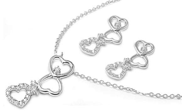 Heart Long Hanging Earrings Clear Simulated CZ .925 Sterling Silver Pendant Set