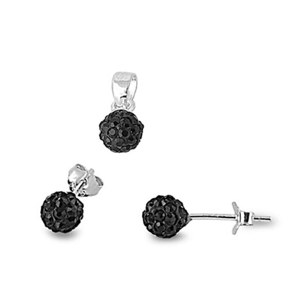 Ball Earrings Black Simulated Rhinestone .925 Sterling Silver Pendant Set