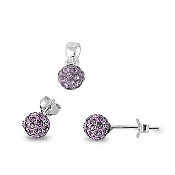 Ball Earrings Simulated Amethyst Rhinestone .925 Sterling Silver Pendant Set