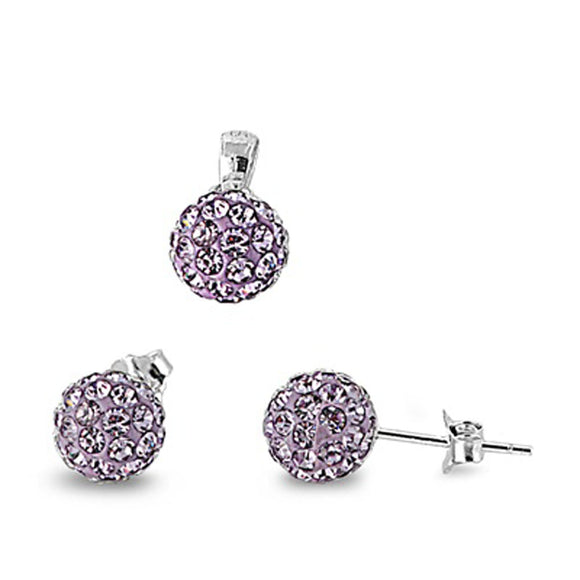 Ball Earrings Simulated Amethyst Rhinestone .925 Sterling Silver Pendant Set