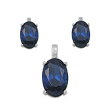Solitaire Oval Earrings Blue Simulated Sapphire .925 Sterling Silver Pendant Set
